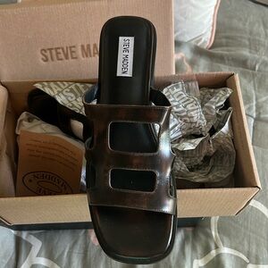 Steve Madden Black Genuine Leather Cage Slide Sandals Square Toe Size 9.5